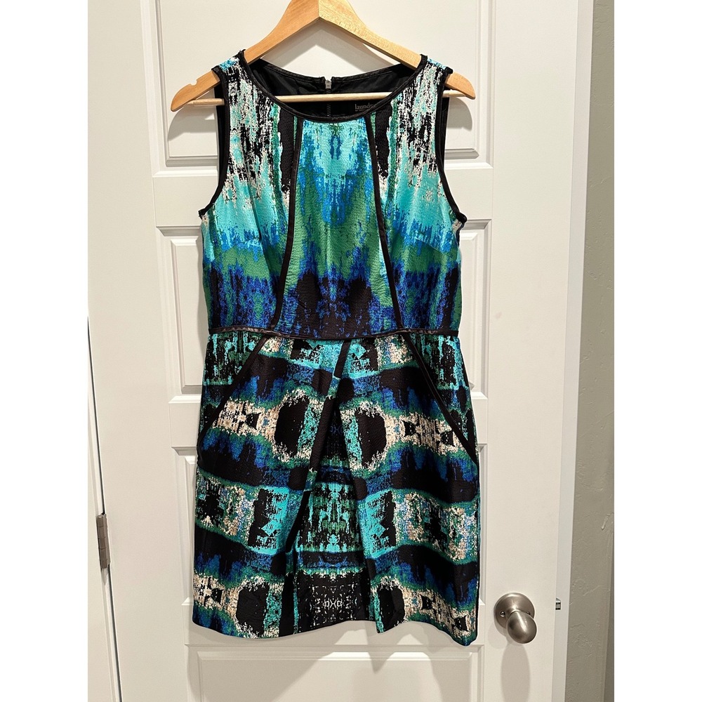 Laundry by Shelli Segal Blue Green Abstract Silk Sleeveless Cocktail Dress 10
